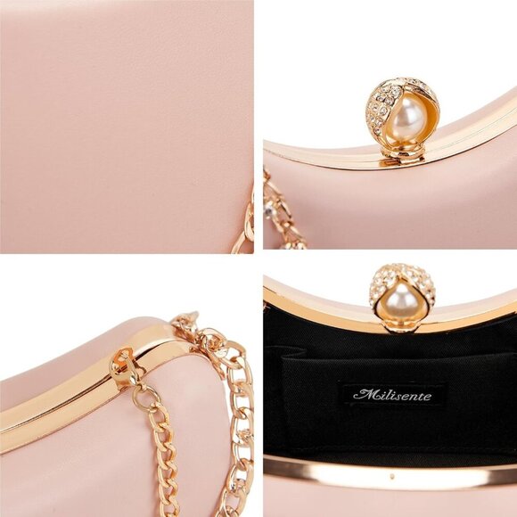 Pink Moon-Shaped Crystal Chain Evening Clutch for Women, Waterproof PU Leather, - Picture 5 of 6